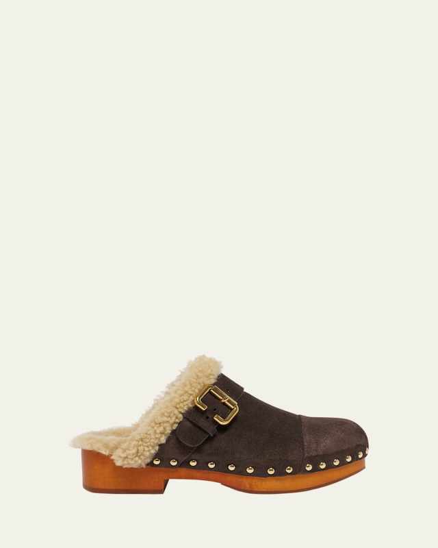 Jeanette Suede Shearling-Lined Clogs